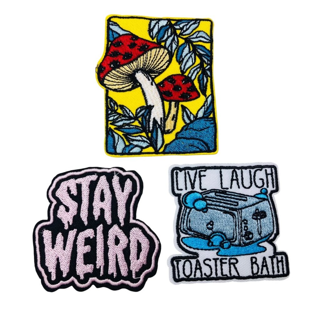 Set Of 3 Embroidered Iron-On Patches "Stay Weird" Mushrooms Quirky Funny Unique